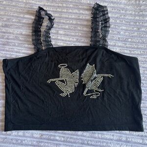 SHEIN Black Rhinestone Angel & Devil Lace Strap Crop Top Size L ✨🖤